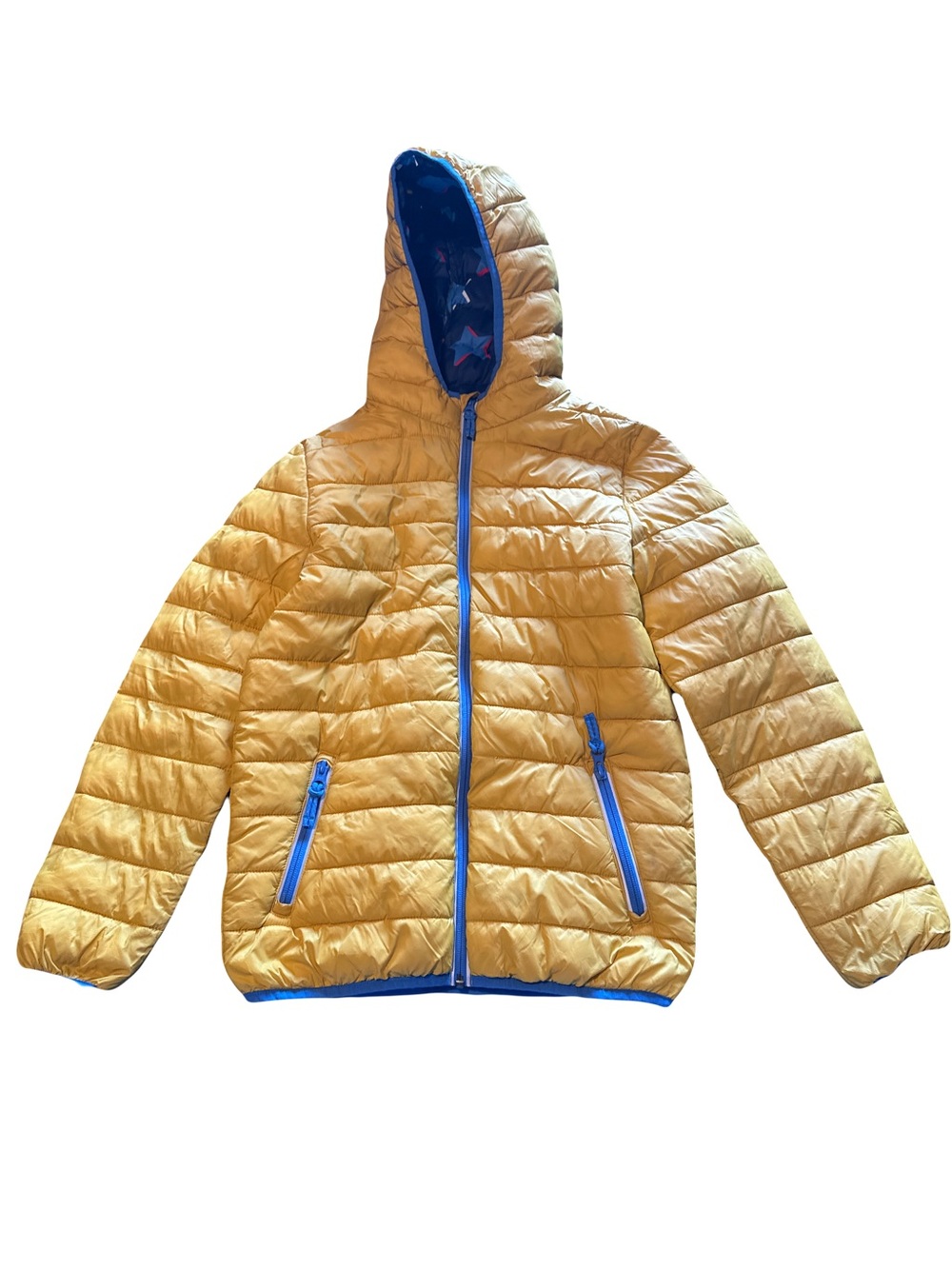 Boden Yellow Puffer Jacket with Blue Trim